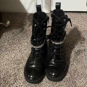 Express Black Croc-Embossed Combat Boots with Rhinestones